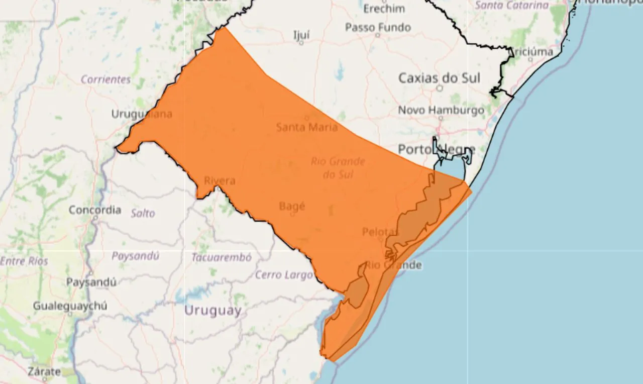 o mapa mostra as &aacute;reas em alerta para chuva intensa e ventos fortes